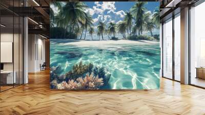 Tranquil tropical beach with palm trees and clear turquoise water. Wall mural