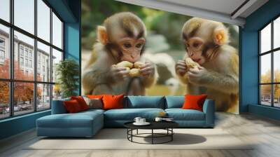 Two baby monkeys eating peanuts. Wall mural