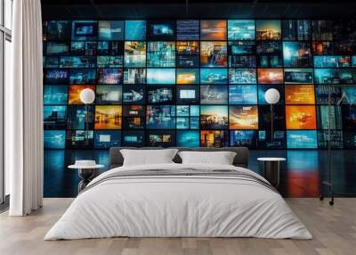 Wall of video screens displaying colorful and abstract digital patterns. Wall mural