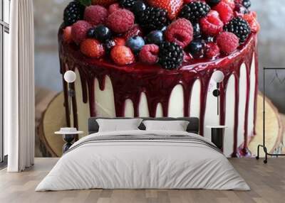 White Cake with Red Glaze and Fresh Berries. Wall mural