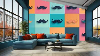 Colorful mustache pattern on pastel squares, Movember celebration concept Wall mural