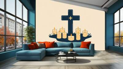 Cross with burning candles illustration on beige background with copy space Wall mural