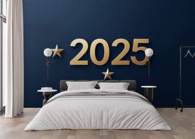 Gold 2025 numbers with stars on dark blue background, new year 2025 concept Wall mural