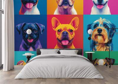 Pop art collage, set of dogs isolated  on multi-colored background Wall mural