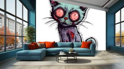 Zombie cat, bright sticker on a white background Wall mural