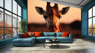 Admire the striking silhouette of a giraffe at sunset, its long neck reaching towards the sky in an elegant curve, a testament to the adaptability and grace of Africa's wildlife. Wall mural