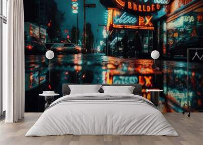 rainy night neon reflection Wall mural