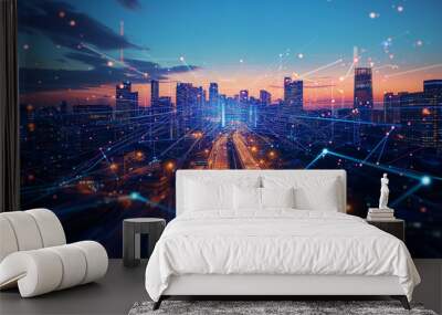 A city at twilight, illuminated by an interconnected 5G network Wall mural