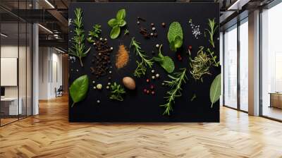 A variety of fresh herbs and spices on a dark background. Wall mural