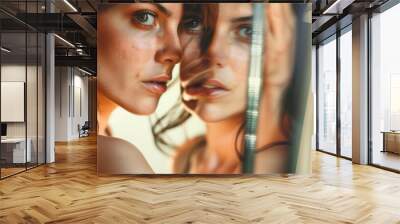 A woman next to her distorted reflection in the mirror. Body dysmorphia concept. Wall mural