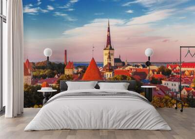 Aerial view of Tallinn old town on sunset time. Estonia Wall mural