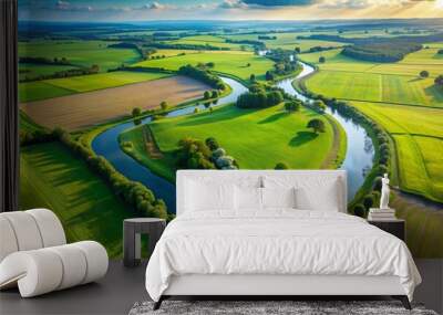 Aerial view of a tranquil green field and meandering river in the countryside, peaceful, serene, lush, landscape, nature Wall mural