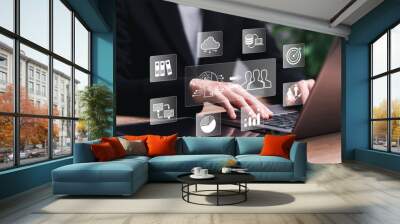 AI Artificial intelligence and humans, Business management concept, Businesswomen use laptops to automate technology generate and learn to develop business work, Transfer data, Target Marketing Wall mural