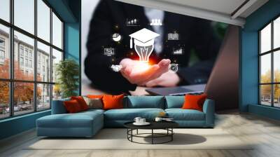 Business idea creative and modern business growth concept, Businesswomen with virtual Light bulb icon in hand, Leader and creativity management with technology, education, Learning new methods Wall mural