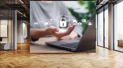 Privacy security concepts on the internet and protection data on cyber networks, Women use laptops show Privacy Lock icon on virtual screen interfaces, Documents, Banking, Finance, Data transfer Wall mural