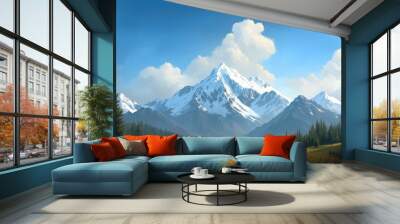 A breathtaking panorama of a snow-capped mountain range, with a clear blue sky and puffy white clouds overhead. The mountains rise majestically in the distance, their peaks covered in glistening snow. Wall mural