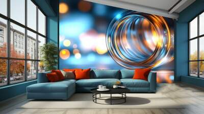 A captivating abstract image featuring a glowing glass cylinder set against a vibrant backdrop of colorful bokeh lights. The cylinder reflects the surrounding lights, creating an ethereal and mesmeriz Wall mural