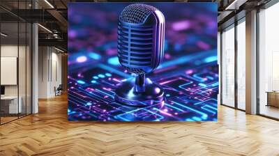 A digital  of a classic microphone standing upright on a circuit board with glowing blue and purple lines. This image symbolizes technology, communication, innovation, and the future of sound recordin Wall mural