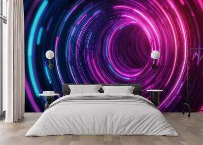 A futuristic and abstract digital background featuring concentric circles of glowing pink and blue neon lights, creating a swirling vortex effect. This image evokes concepts of speed, technology, ener Wall mural