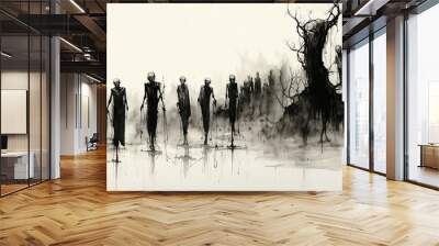 A group of undead walking in a barren field. The people are all wearing the same clothes and they are all walking in the same direction. The image is creepy   Wall mural