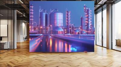 A modern industrial refinery at twilight, with its towering structures and glowing lights, symbolizing production, progress, industry, energy, and technology. Wall mural