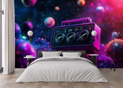 A vibrant retro boombox floats in a galaxy of colorful, iridescent spheres. The scene evokes a sense of nostalgia, space exploration, and the power of music. Wall mural