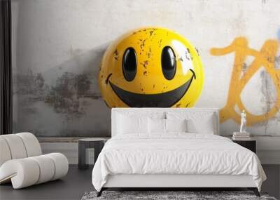 A yellow smiley face graffiti art on a white wall with black eyes and mouth. It symbolizes happiness, optimism, and positivity in an urban environment. Wall mural