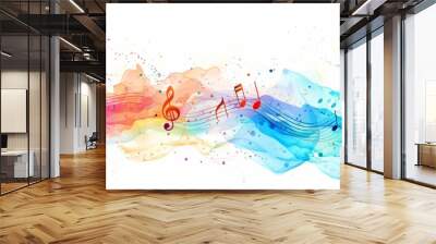 Abstract colorful music note wave on white - This image presents a vibrant color wave with music notes seamlessly blending art and sound in a visually appealing manner on a clean background Wall mural