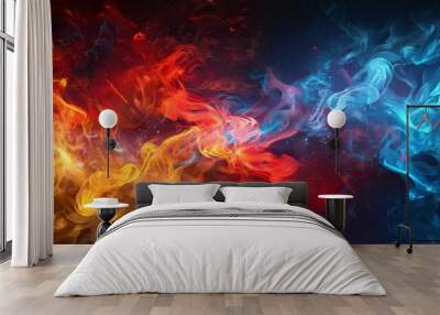 Abstract Fire and Ice Concept: A Striking Visual of Opposing Forces - A dynamic abstract image depicting fire and ice in a dramatic clash, symbolizing opposing forces, duality, balance, and the power  Wall mural