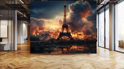 Apocalyptic disaster strikes Paris, Eiffel Tower - Dramatic and apocalyptic image of the Eiffel Tower engulfed in catastrophic fiery explosion, invoking fear and destruction Wall mural