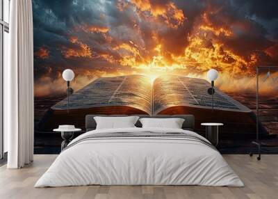 Biblical Book under Dramatic Sky - An open book lies beneath a dramatic sky, hinting at revelation or enlightenment with powerful religious connotations Wall mural