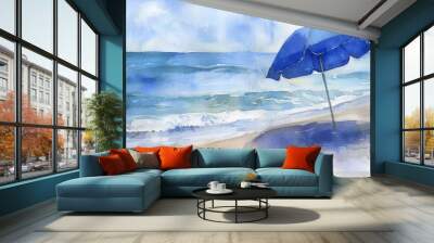 Blue Beach Umbrella Watercolor Painting - A watercolor painting of a blue beach umbrella on a sandy beach with the ocean in the background. - A watercolor painting of a blue beach umbrella on a sandy  Wall mural