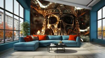 Close-up of ornate viking skull with horns - Intricate details on a Viking-style skull with horned helmet, glowing eyes, and fiery atmosphere Wall mural