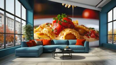 Close-up shot of a delicious plate of lobster ravioli with creamy sauce, topped with fresh tomatoes and herbs. The dish is presented elegantly, showcasing the luxurious ingredients and exquisite taste Wall mural