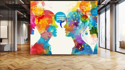 Colorful Dialogue and Exchange - Vibrant silhouettes with speech bubbles representing communication and ideas exchange. Wall mural