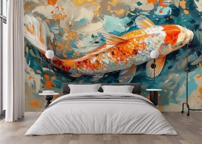 Colorful koi fish on abstract background - A vibrant orange and white koi fish is superimposed on a dynamic, abstract background with splashes of color Wall mural