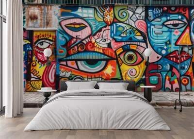 Colorful urban street art graffiti on wall - Vibrant graffiti street art covers a city wall with bold colors and expressive abstract designs Wall mural