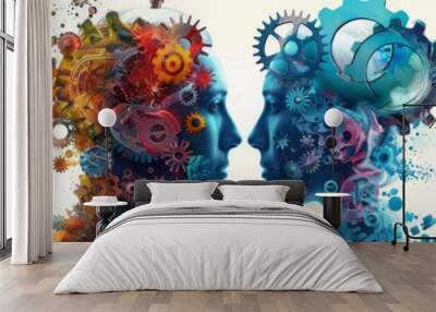 Conceptual gears in human head profile facing each other - Artistic representation of two human profiles facing each other made of colorful gears Wall mural