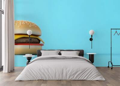 Delicious Cheeseburger on a Blue Background - A classic cheeseburger with a sesame seed bun, melted cheese, beef patty, and tomato, on a bright blue background.  The image symbolizes fast food, hunger Wall mural