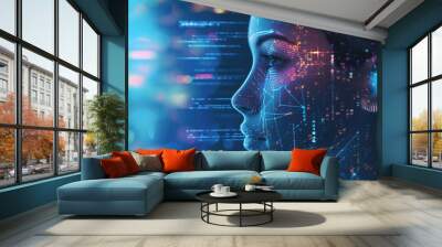 Digital representation of a human profile with graphic overlays symbolizing advanced artificial intelligence and machine learning. Wall mural