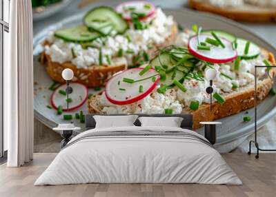 Fresh and Healthy Open-Faced Sandwiches with Cottage Cheese, Radishes, Cucumbers, and Chives on Whole Grain Bread Wall mural