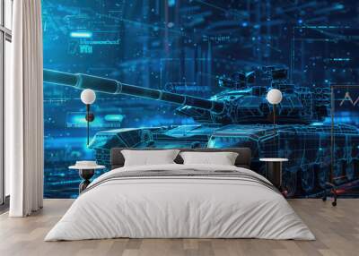 Futuristic tank blueprint on digital background - An intricate digital hologram of a modern tank with detailed blueprints, symbolizing cutting-edge military technology and defense strategy Wall mural