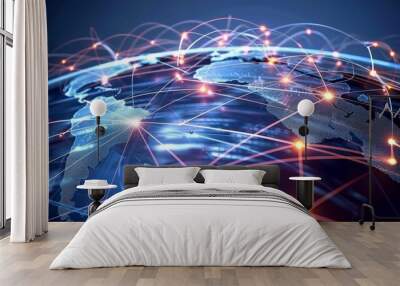 Global network concept with digital planet Earth - A digital representation of global connectivity with network lines and nodes overlaying Earth, representing international communication Wall mural