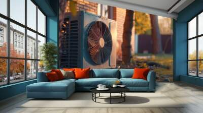 Heating pump in a beautiful garden setting - Close-up of a heat pump unit in a residential garden with warm sunlight filtering through, depicting energy efficiency in home settings Wall mural