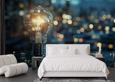 Lightbulb glowing over cityscape at night - Lightbulb standing over a cityscape at night depicts energy and urban development concepts Wall mural