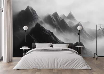 Majestic Mountains Piercing Through the Clouds - A breathtaking black and white landscape featuring a range of mountains enveloped in mist, symbolizing tranquility, mystery, nature, power, and elevati Wall mural