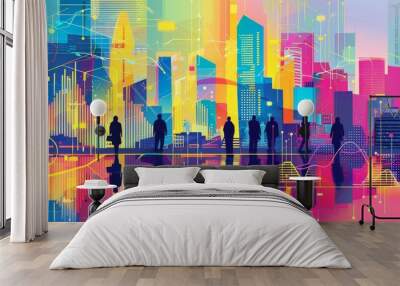 Market research double exposure 2D flat  style vibrant colors professional business setting merging detailed graphs and cityscape silhouettes appealing to modern corporate audiences  Wall mural