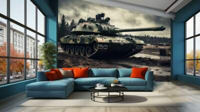 Military tank on the battlefield in stormy weather.  Wall mural