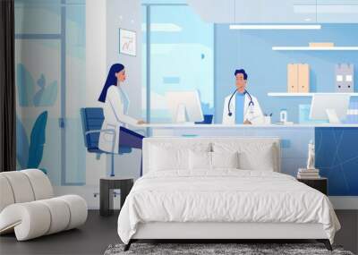 Modern hospital interior with doctors at work - A  illustration showcasing a modern healthcare setting with two medical professionals engaging in their daily tasks Wall mural