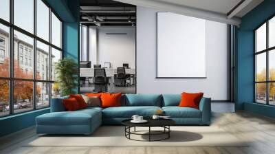 Modern Office Space with Blank Poster for Presentation or Advertisement - This image depicts a modern office setting with a large blank poster on the wall, suggesting a space for displaying presentati Wall mural